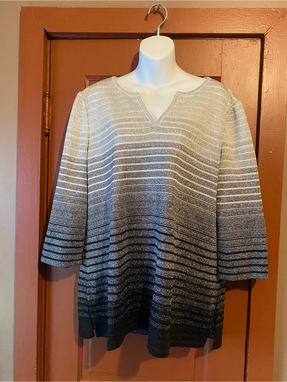 St. John Gradient Stripe V‑Neck Sweater - silver